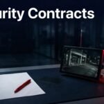 A desk with a security contract, red pen, access card, and CCTV monitor.
