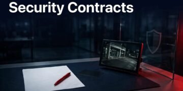 A desk with a security contract, red pen, access card, and CCTV monitor.