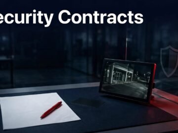 A desk with a security contract, red pen, access card, and CCTV monitor.