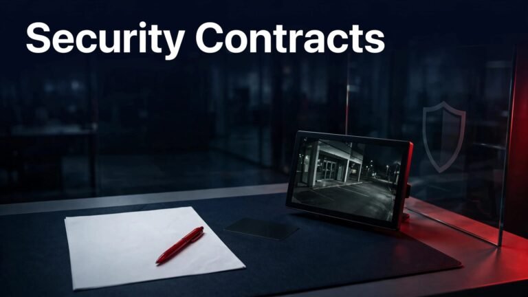A desk with a security contract, red pen, access card, and CCTV monitor.
