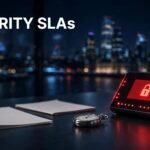 Security desk with an SLA document, incident report, stopwatch, and red access monitor.