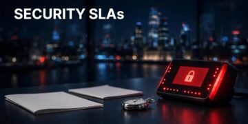 Security desk with an SLA document, incident report, stopwatch, and red access monitor.
