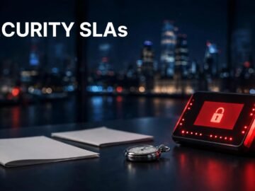 Security desk with an SLA document, incident report, stopwatch, and red access monitor.