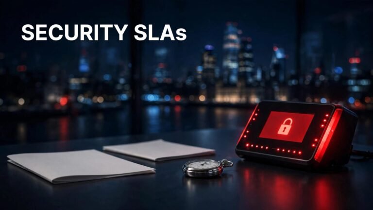 Security desk with an SLA document, incident report, stopwatch, and red access monitor.
