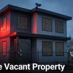 A guarded vacant house with boarded windows, a rooftop camera, and a red floodlight.