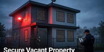 A guarded vacant house with boarded windows, a rooftop camera, and a red floodlight.