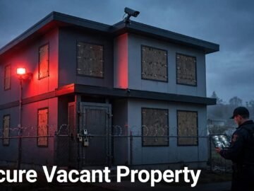 A guarded vacant house with boarded windows, a rooftop camera, and a red floodlight.