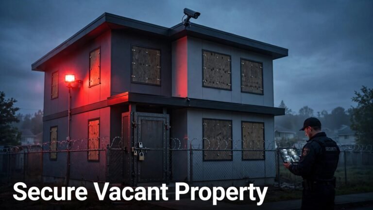 A guarded vacant house with boarded windows, a rooftop camera, and a red floodlight.