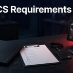 Security compliance documents and an ID badge on a dark desk with red lighting.