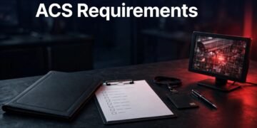 Security compliance documents and an ID badge on a dark desk with red lighting.