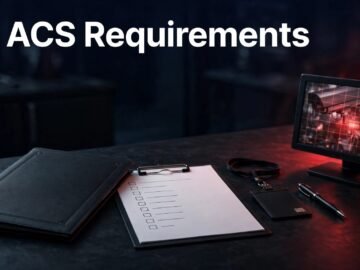 Security compliance documents and an ID badge on a dark desk with red lighting.