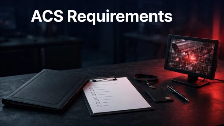Security compliance documents and an ID badge on a dark desk with red lighting.