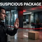 Security officer signaling stop near a sealed package behind a red cordon.