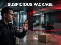 Security officer signaling stop near a sealed package behind a red cordon.