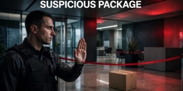 Security officer signaling stop near a sealed package behind a red cordon.