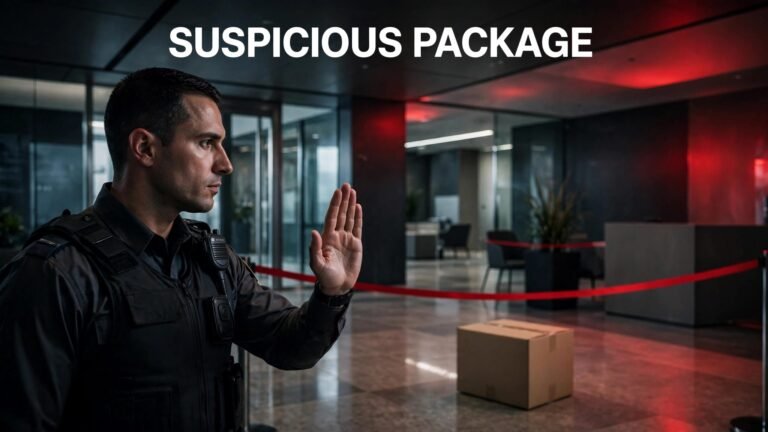 Security officer signaling stop near a sealed package behind a red cordon.