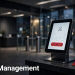 A visitor kiosk with a red badge and access card in a modern lobby.