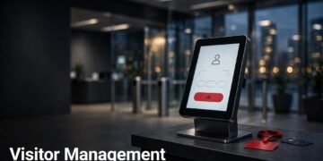 A visitor kiosk with a red badge and access card in a modern lobby.