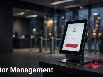 A visitor kiosk with a red badge and access card in a modern lobby.