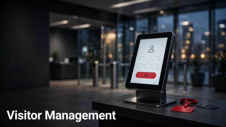 A visitor kiosk with a red badge and access card in a modern lobby.