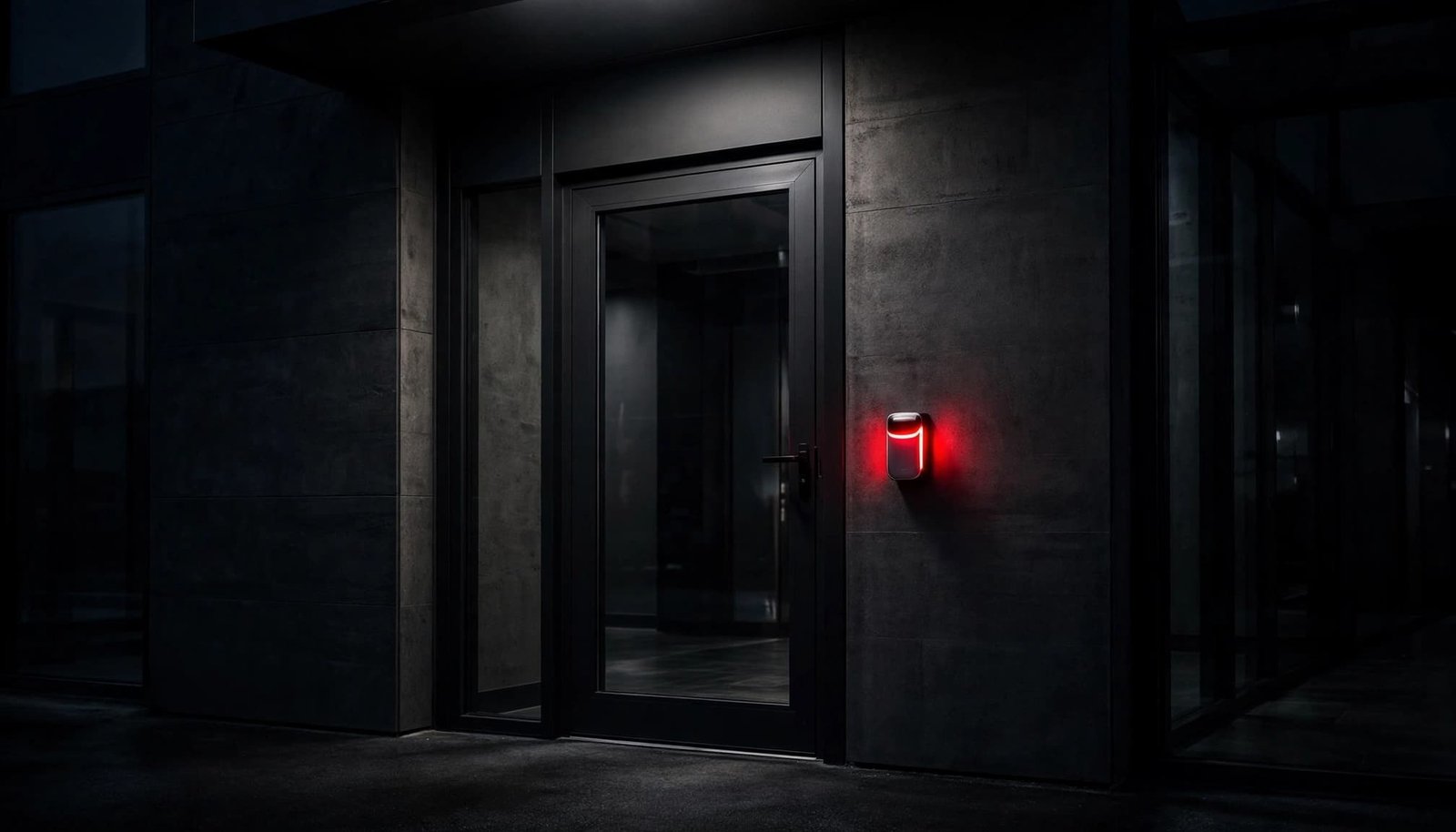 A glass entrance door with a red-lit access control reader.