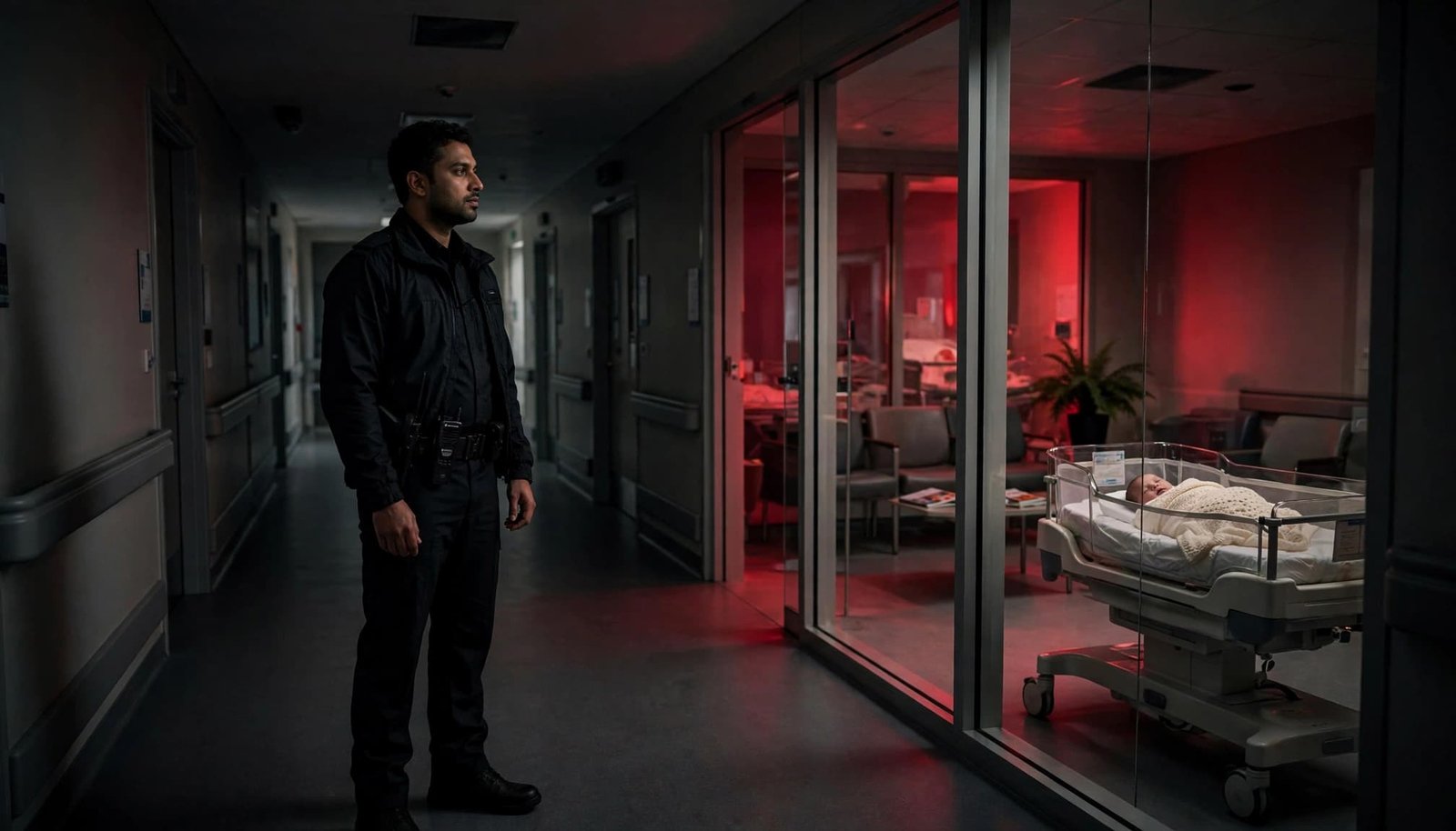 A security officer watches a quiet maternity ward corridor near a glass-fronted family area and infant cot.