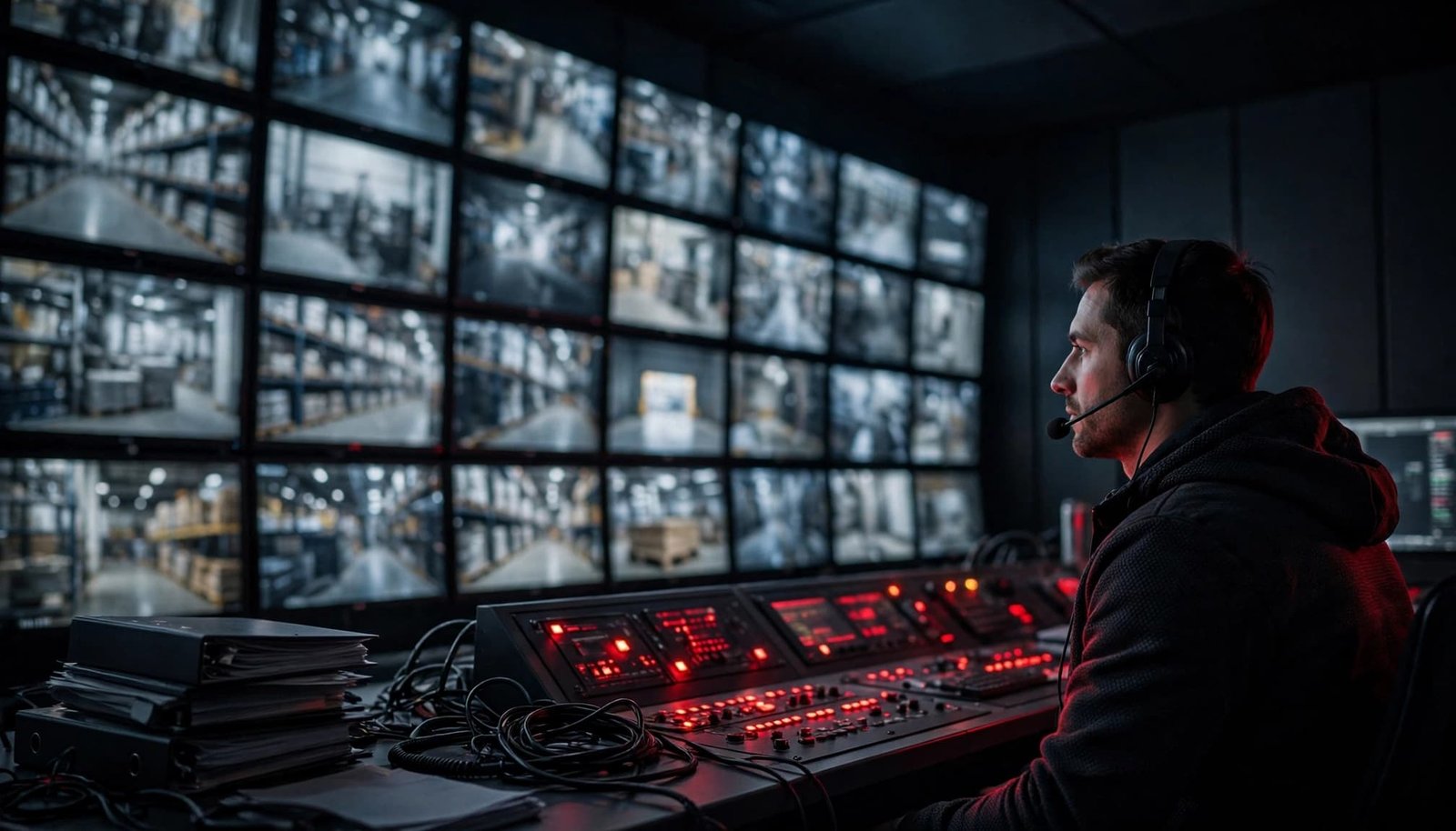 A security operator monitors warehouse camera feeds in a dark control room.
