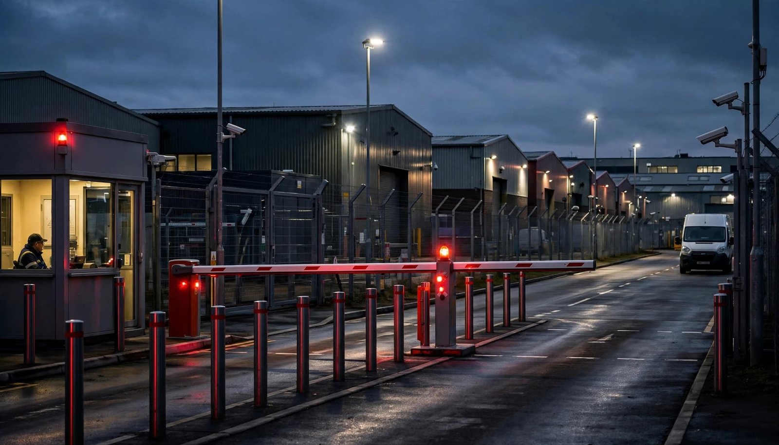 A gatehouse, raised barrier, bollards, and delivery van at dusk.