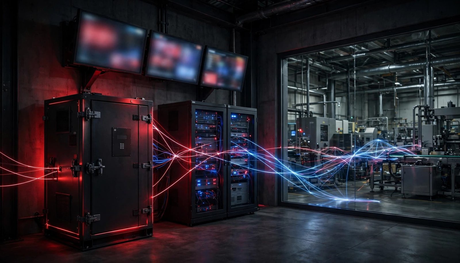 Empty control room with server racks and glowing network lines above a factory floor.