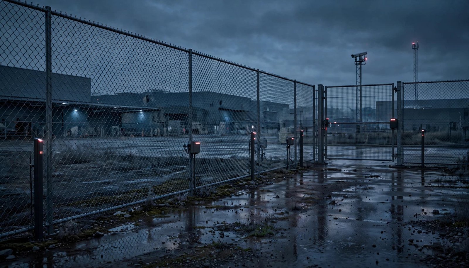 A fenced industrial site with infrared sensors and a thermal camera mast at dusk.