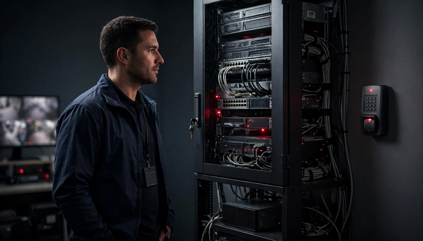 IT manager beside a locked server cabinet and office access control panel.