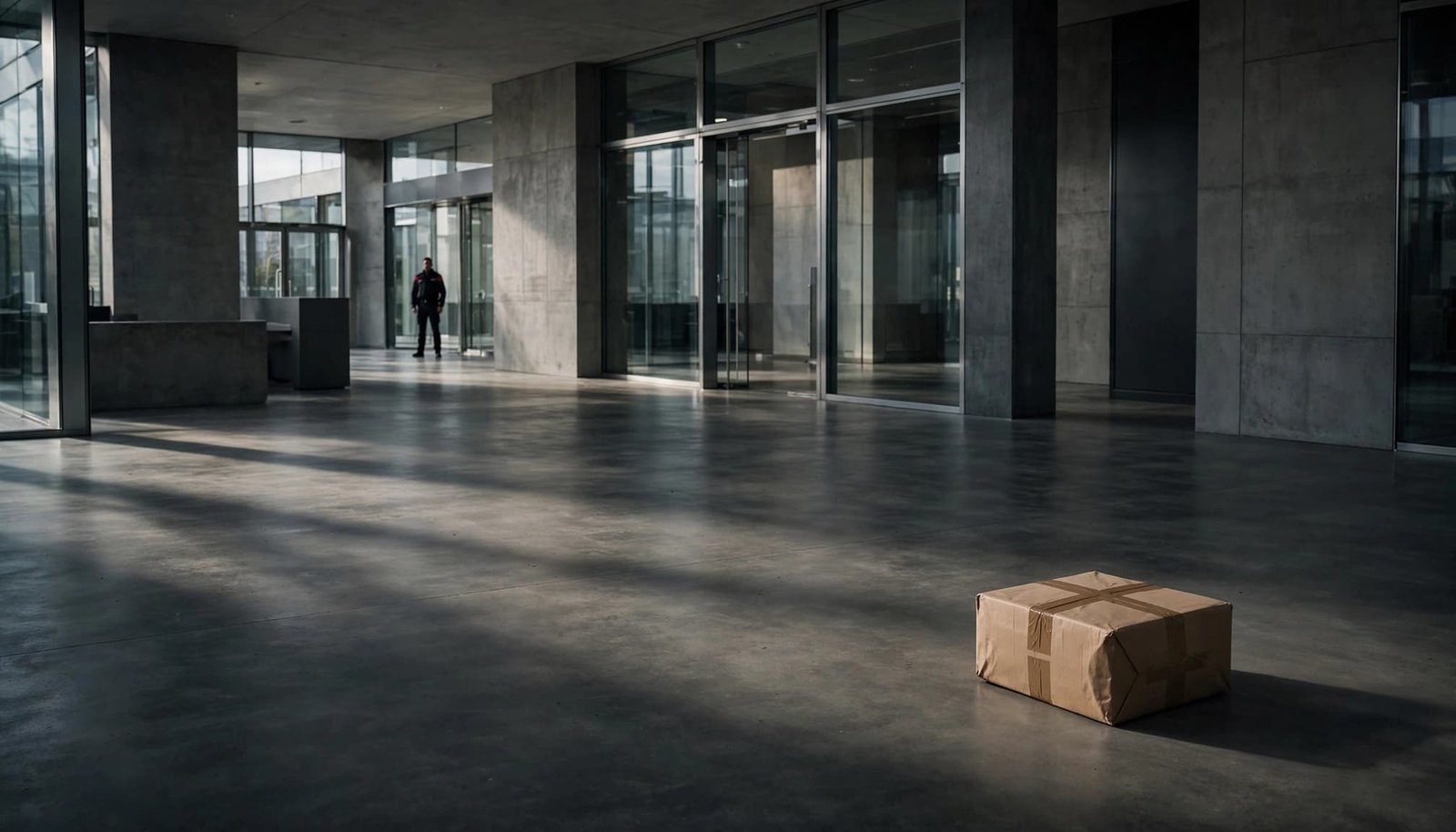 A parcel sits apart from a security officer in a modern office reception.