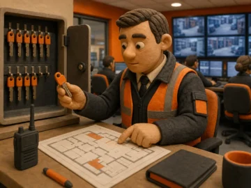 UK key holder services officer checking secure key storage and access controls
