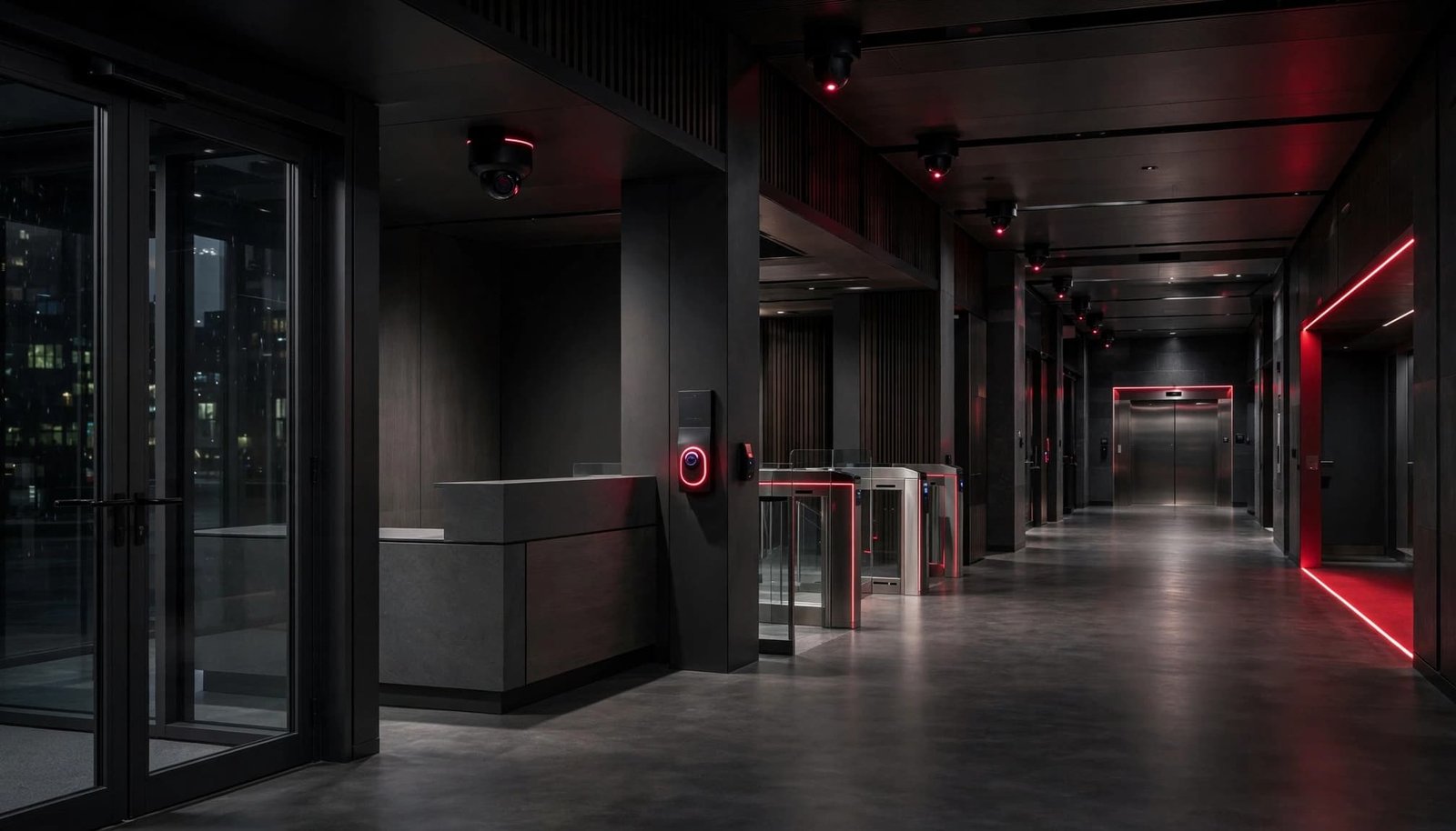 Modern office lobby showing reception, CCTV, visitor badges, secure lifts, and a fire exit route.