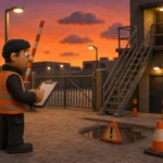 Lone worker inspecting hazards during a UK site risk assessment