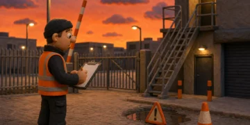 Lone worker inspecting hazards during a UK site risk assessment
