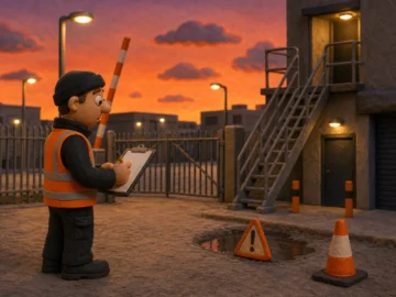 Lone worker inspecting hazards during a UK site risk assessment