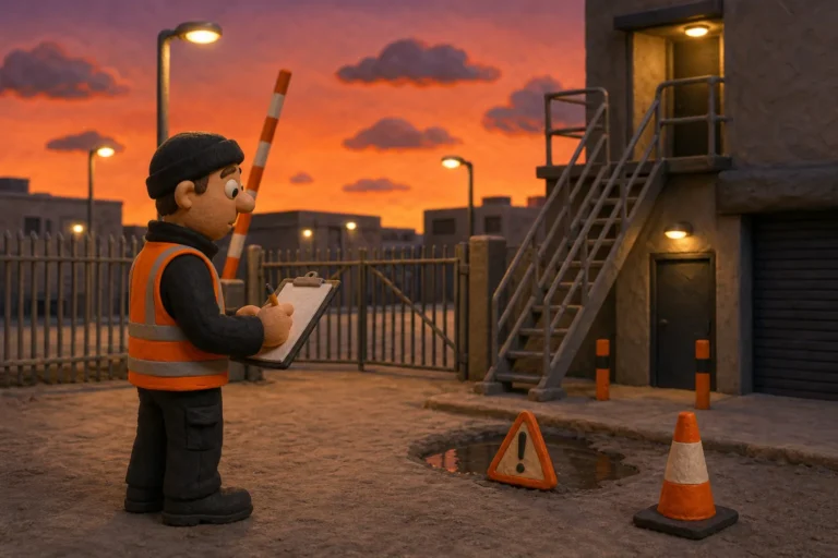 Lone worker inspecting hazards during a UK site risk assessment