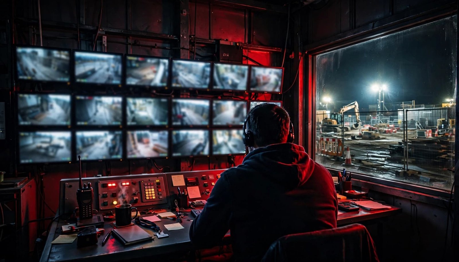 A security operator monitors screens beside a radio and access panel at night.