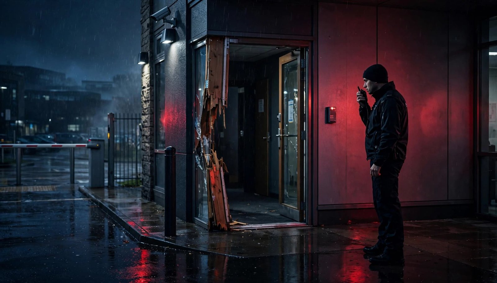 A security officer checks a damaged office entrance at night while holding a radio.
