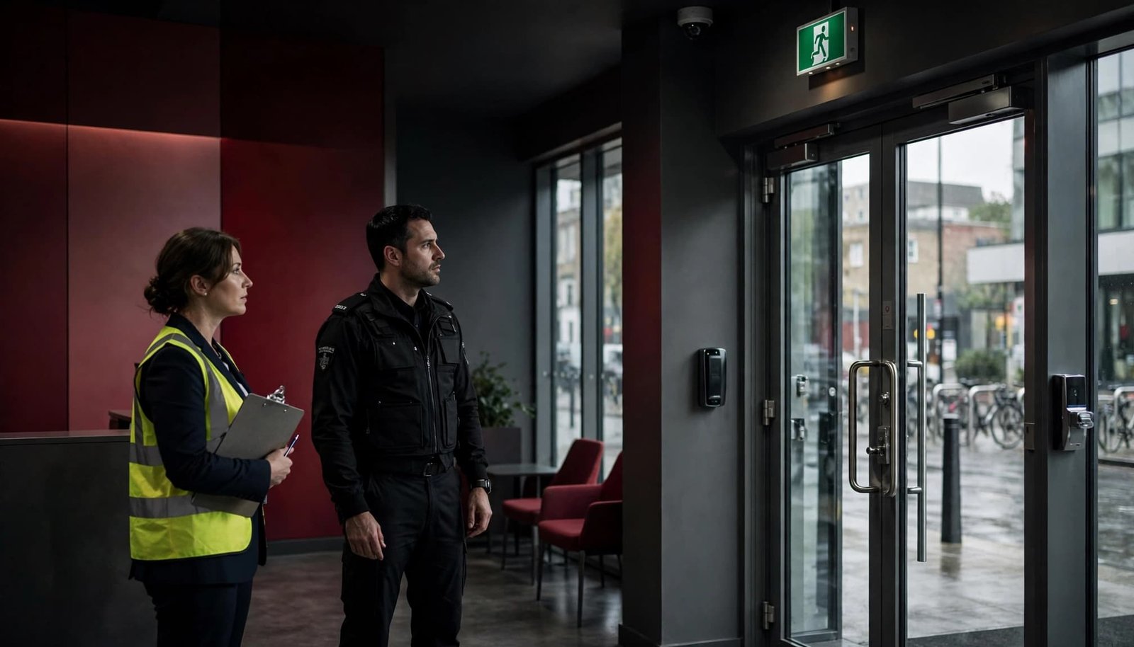Two professionals inspect an office entrance with access controls and a CCTV camera.