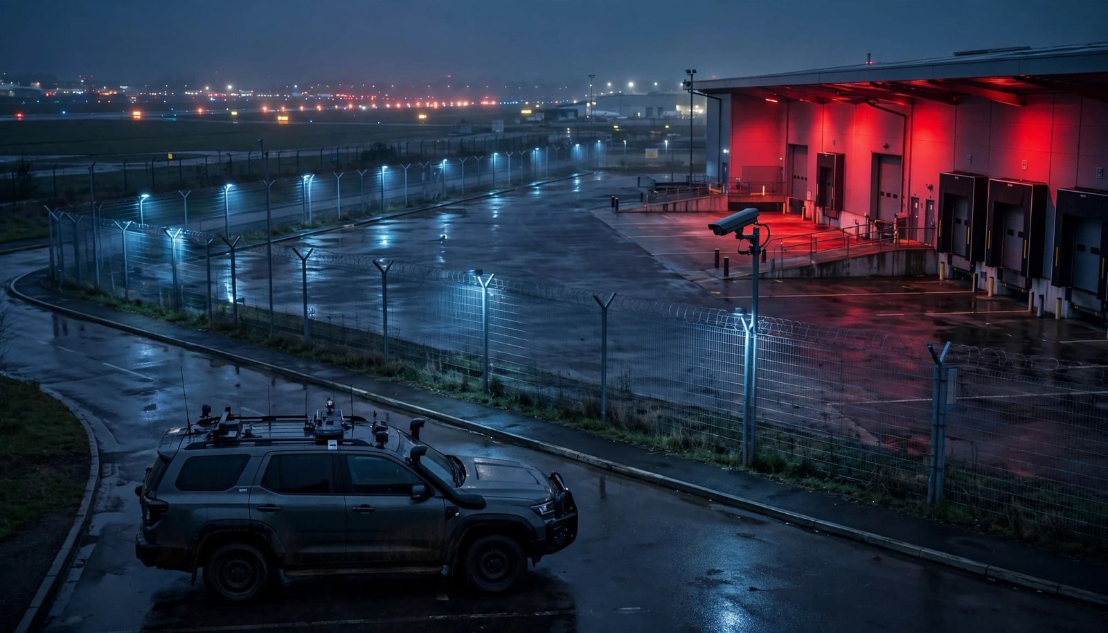 A security vehicle checks a fenced warehouse perimeter at night.