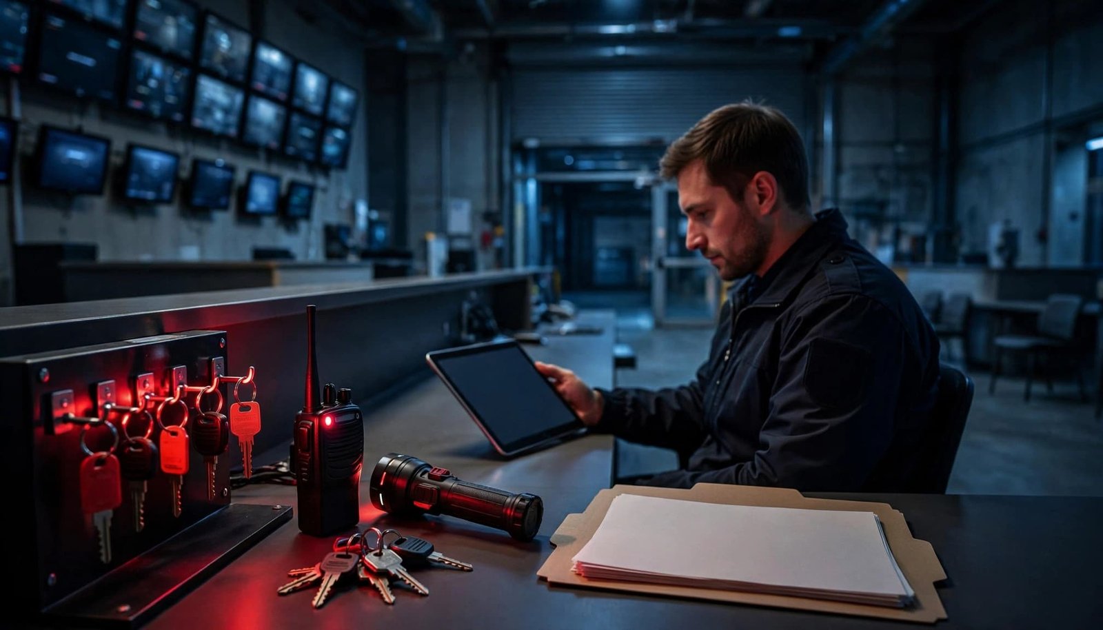 A guard reviews a tablet beside shift records and security equipment at night.