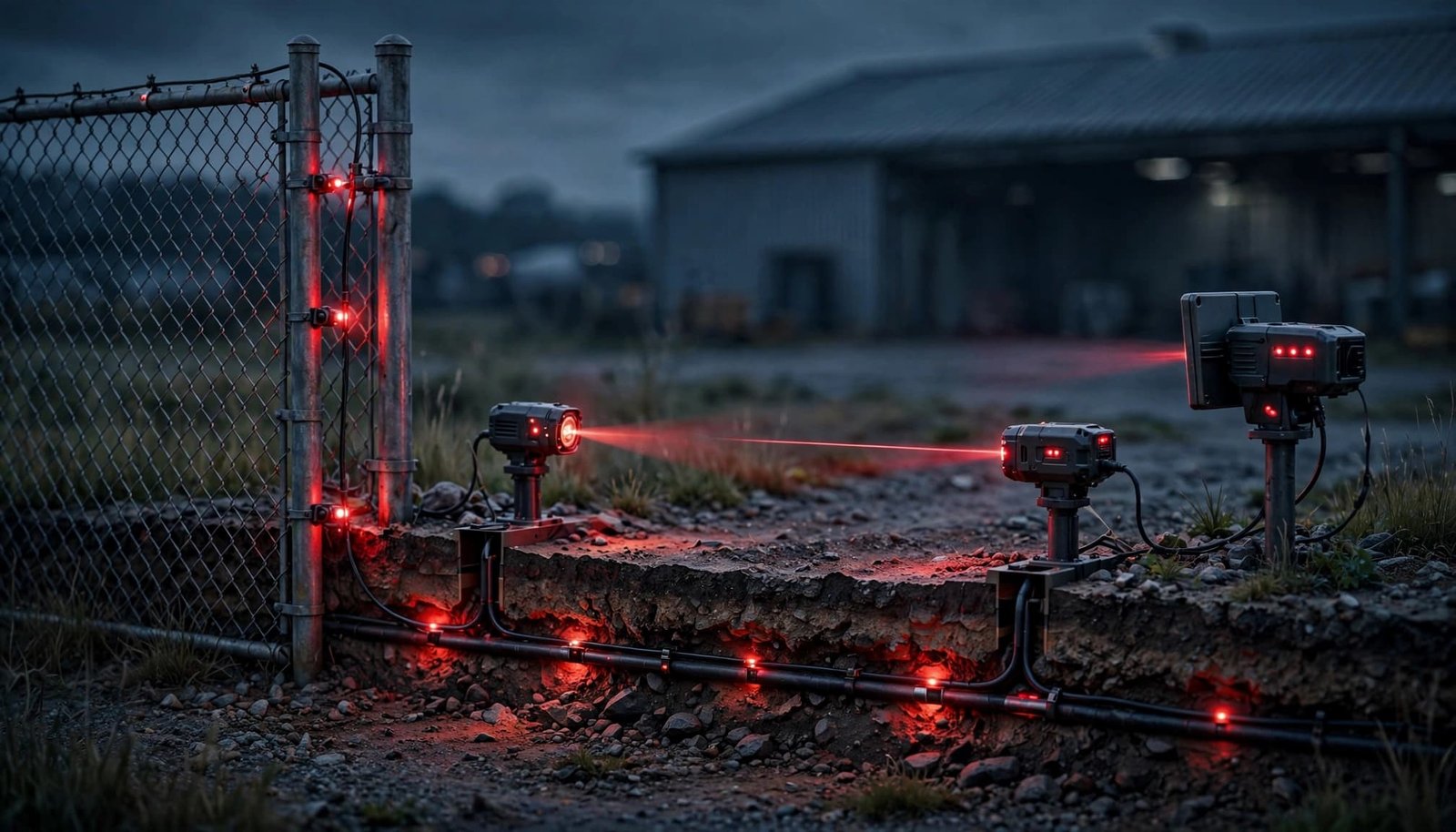 Four security sensors monitor a rural facility boundary beside grass, gravel, and a distant warehouse.