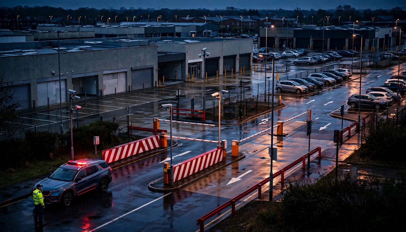 A security officer beside a patrol vehicle at a wet retail park entrance.