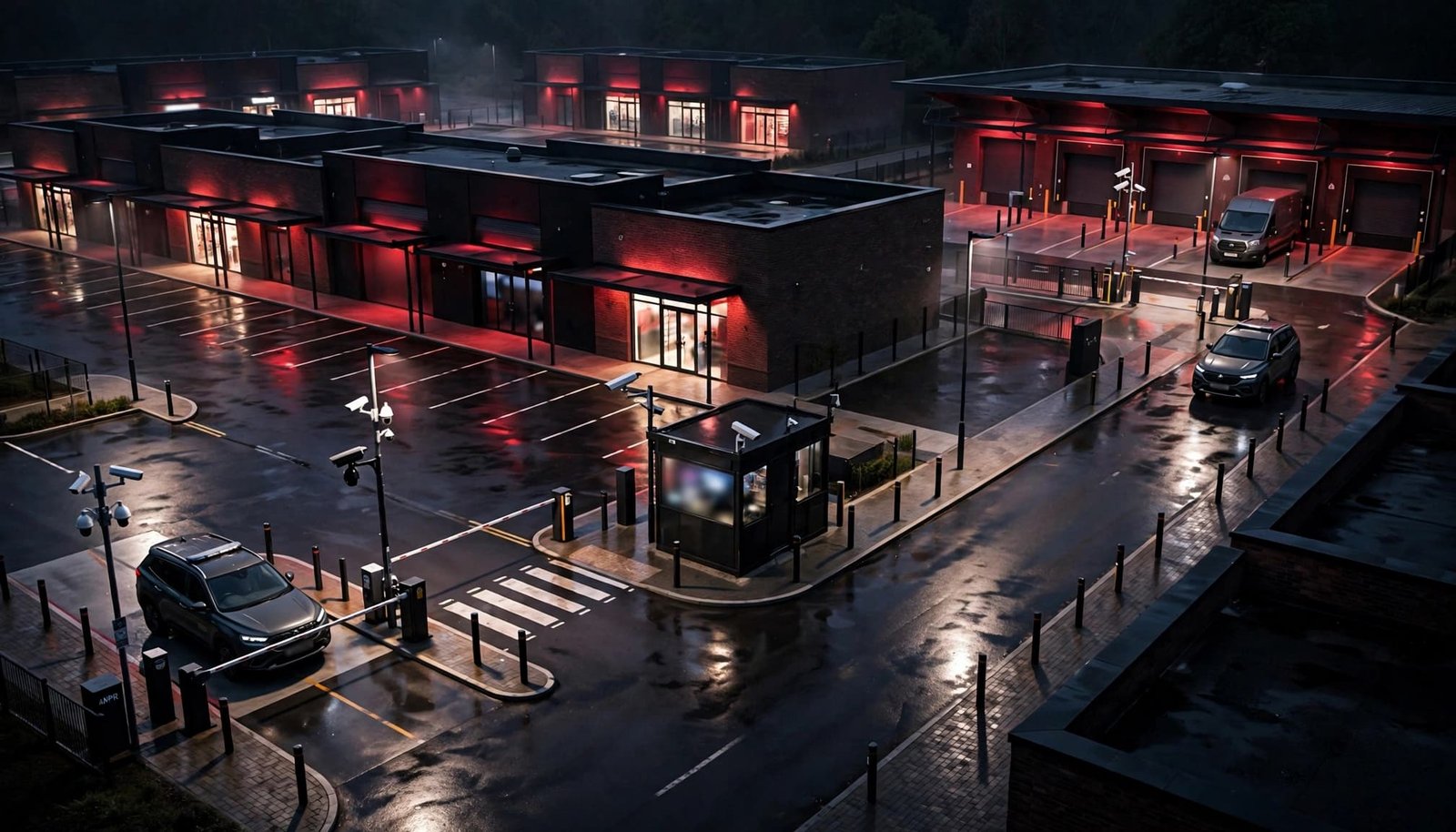 Nighttime retail park with security cameras, access barriers, and a patrol vehicle.