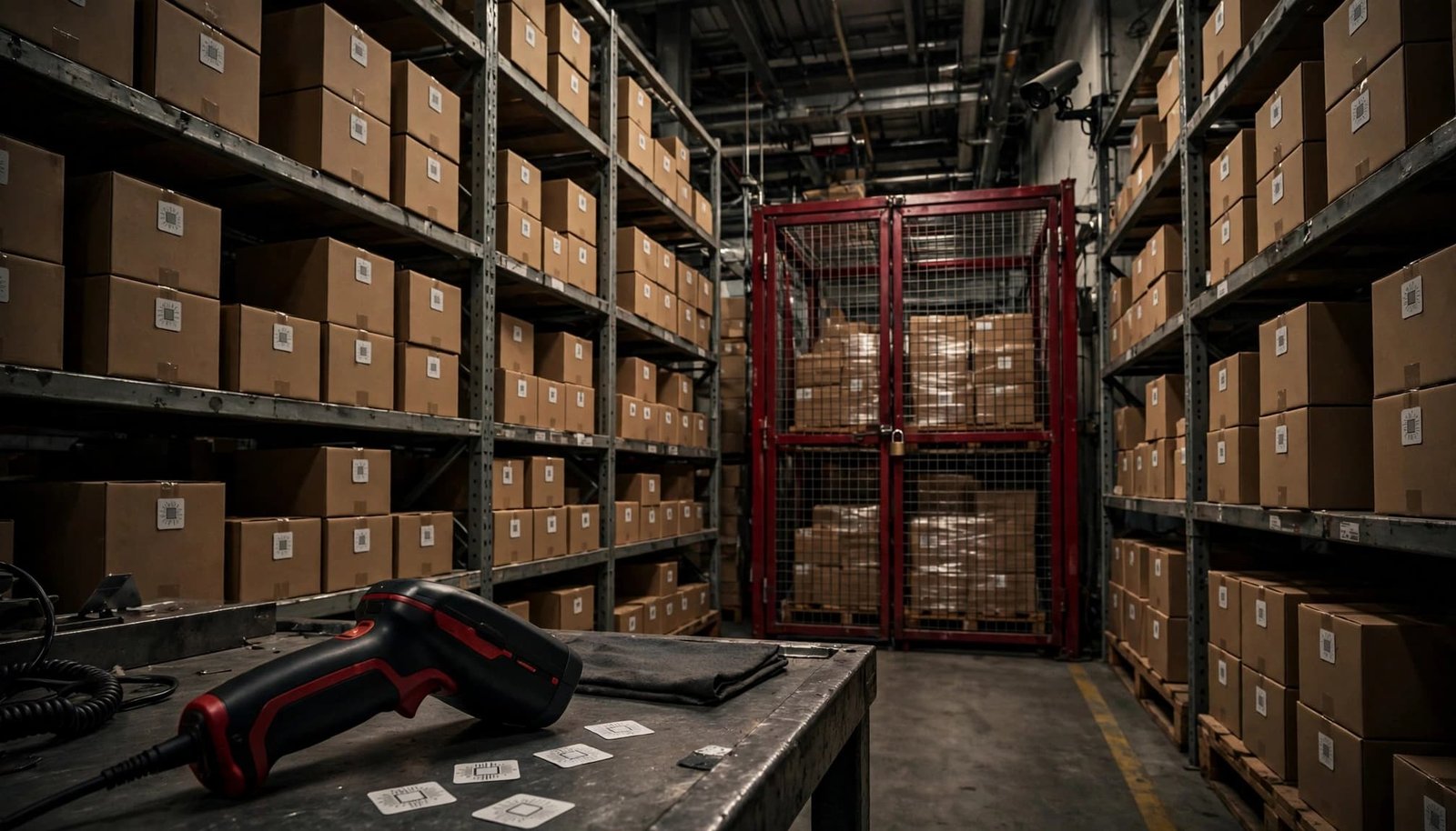 Warehouse cartons, an RFID scanner, and a security camera in a secured storage aisle.