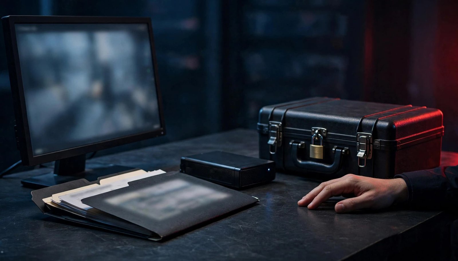 Hands beside a locked evidence case and monitor in a dark security control room.