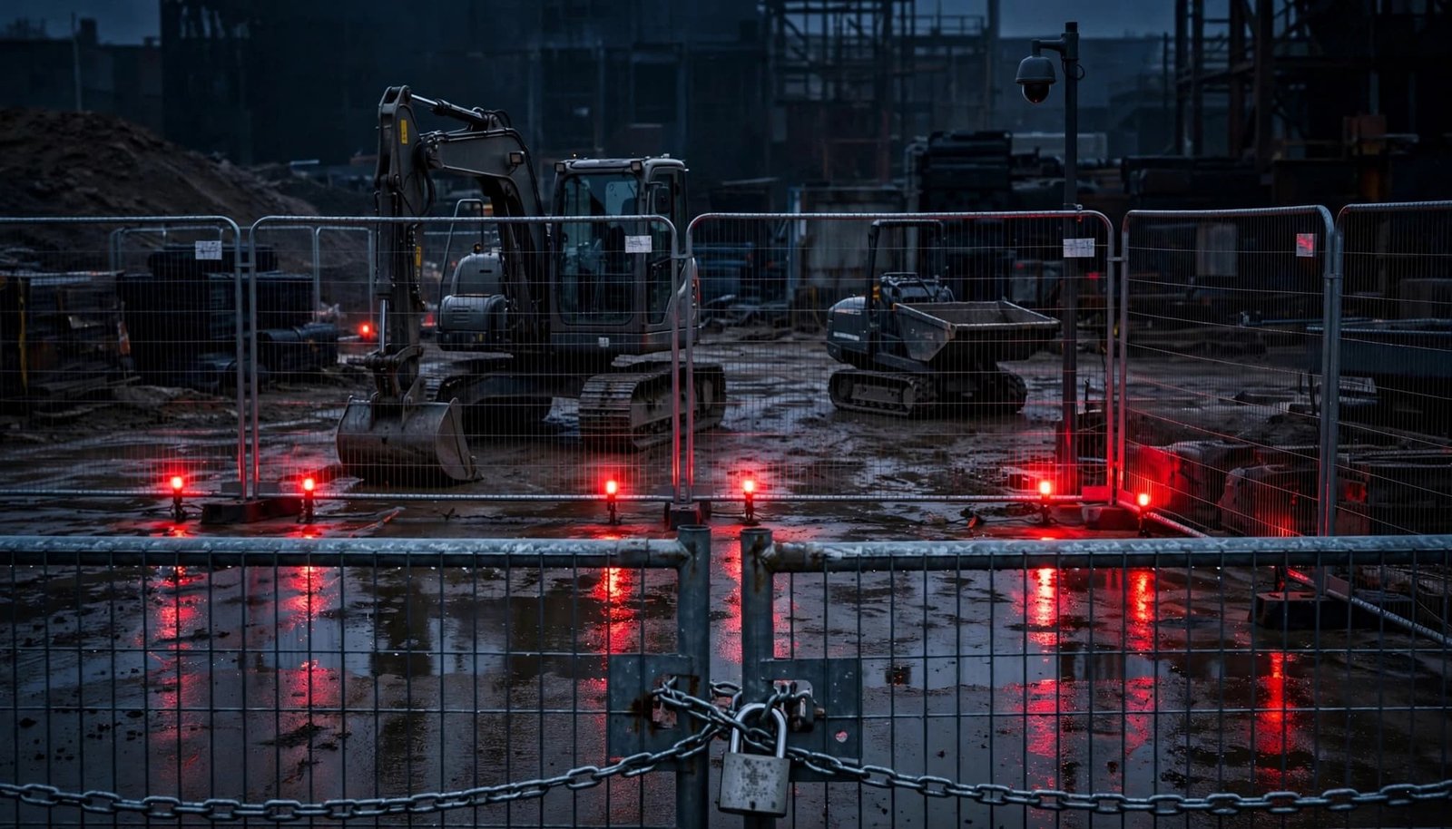 A fenced construction site with a locked gate, excavator, CCTV camera, and red lights at dusk.