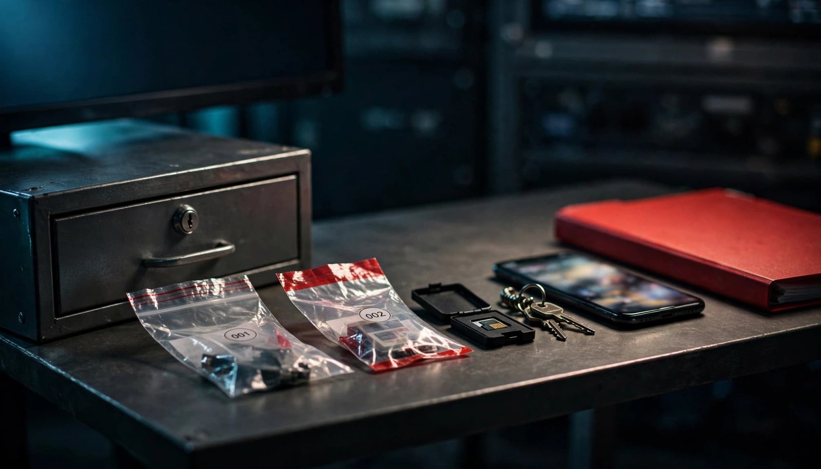 Evidence bags, a memory card case, keyring, and blurred smartphone on a secure control-room table.